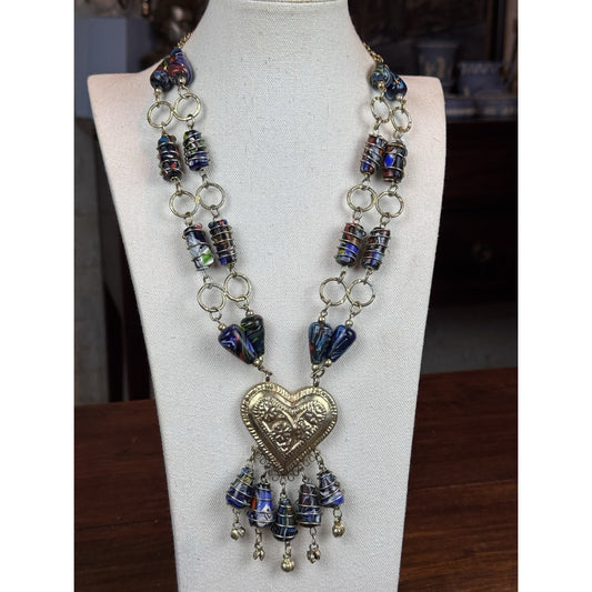 Millefiori Glass Necklace Double Strand Heart Pendant Artisan Statement 23.5”
