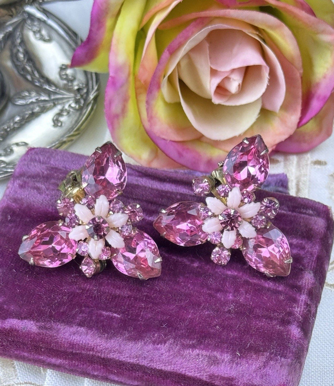 Vintage Earrings Pink Rhinestone & Molded Glass Floral Clip-On