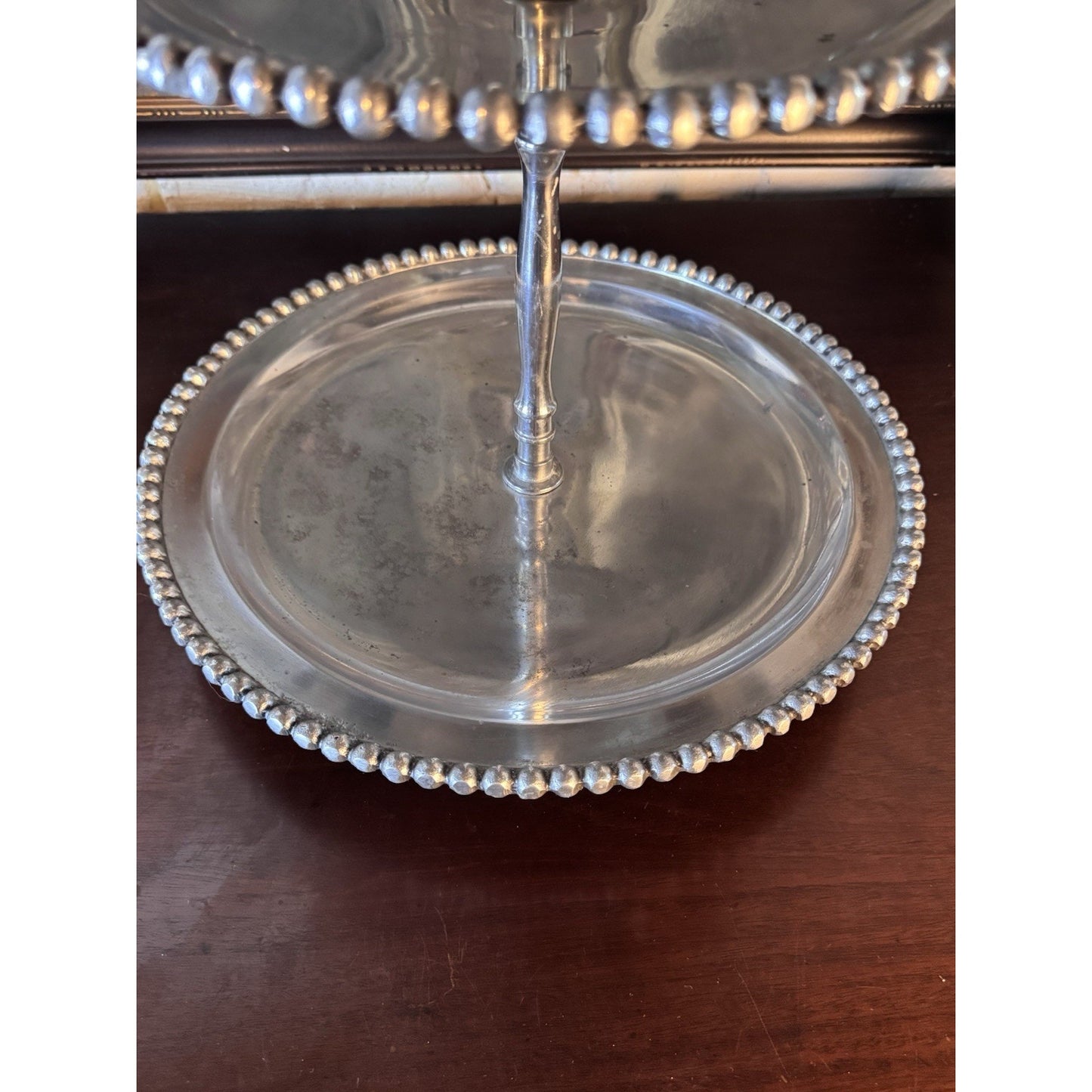 Three Tier Serving Stand Silvertone Beaded Edge Centerpiece Display 26”