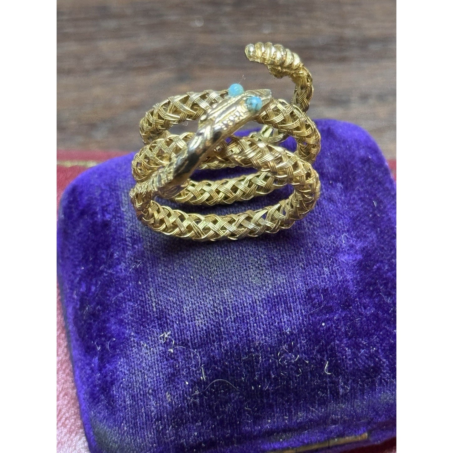 Vintage Goldtone Snake Wrap Ring Light Blue Eyes Woven Mesh Serpent Adjustable