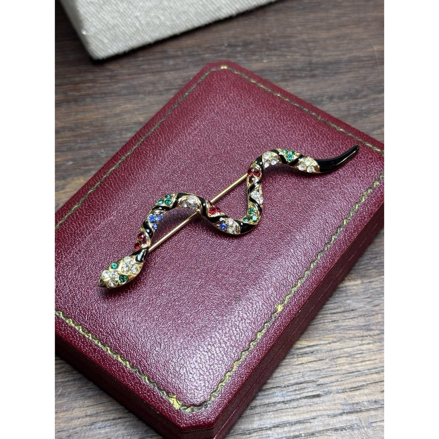 Vintage Serpent Brooch Victorian Revival Rhinestone Black Enamel Snake Pin 3.25”