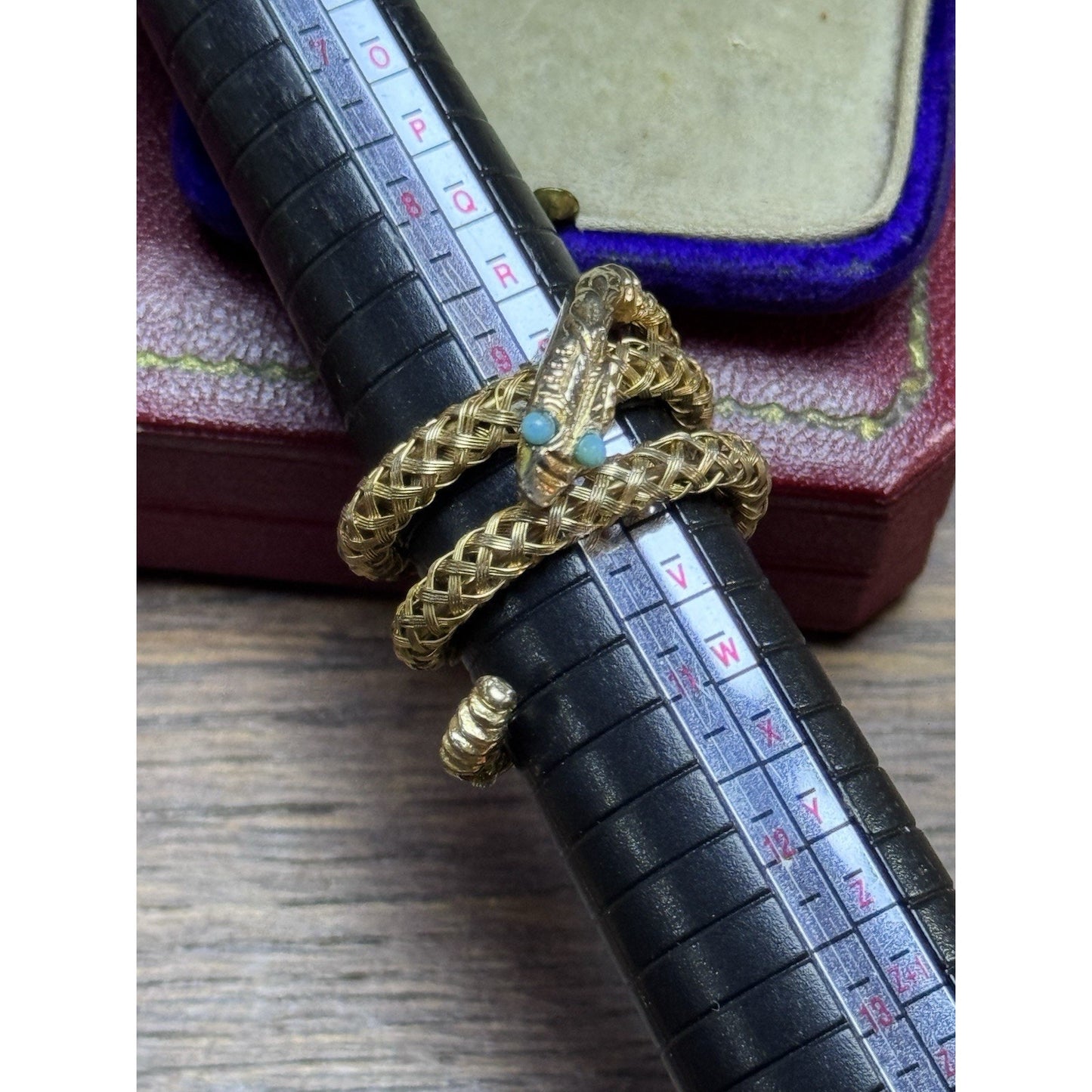 Vintage Goldtone Snake Wrap Ring Light Blue Eyes Woven Mesh Serpent Adjustable
