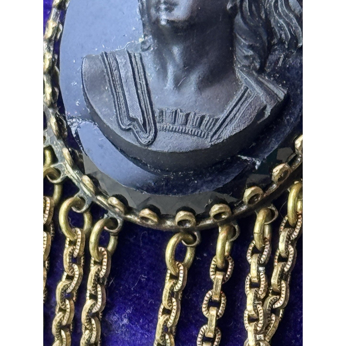 Black Cameo Brooch B Blumenthal & Co Goldtone Dangle Fringe 3.75” DAMAGED!