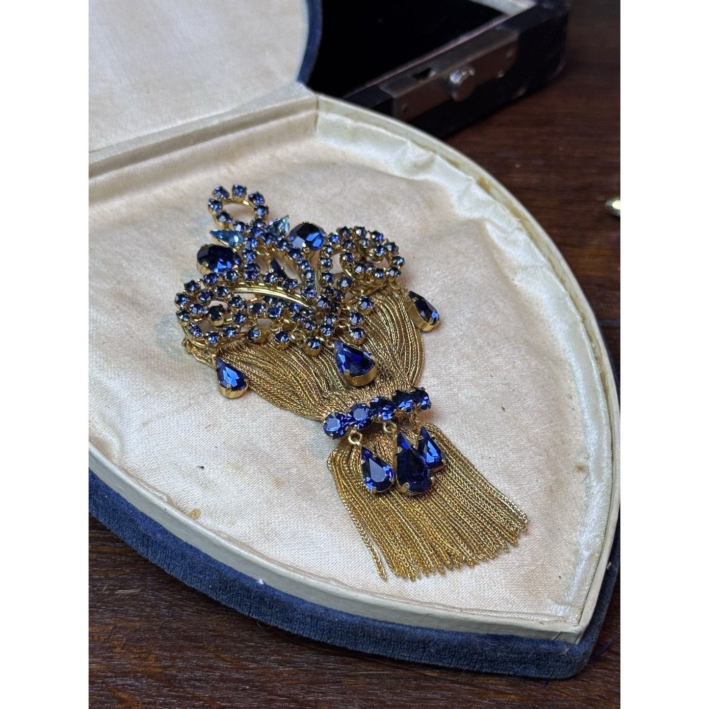 Vintage Blue Rhinestone Tassel Brooch Goldtone Statement Pin 4” Fringe