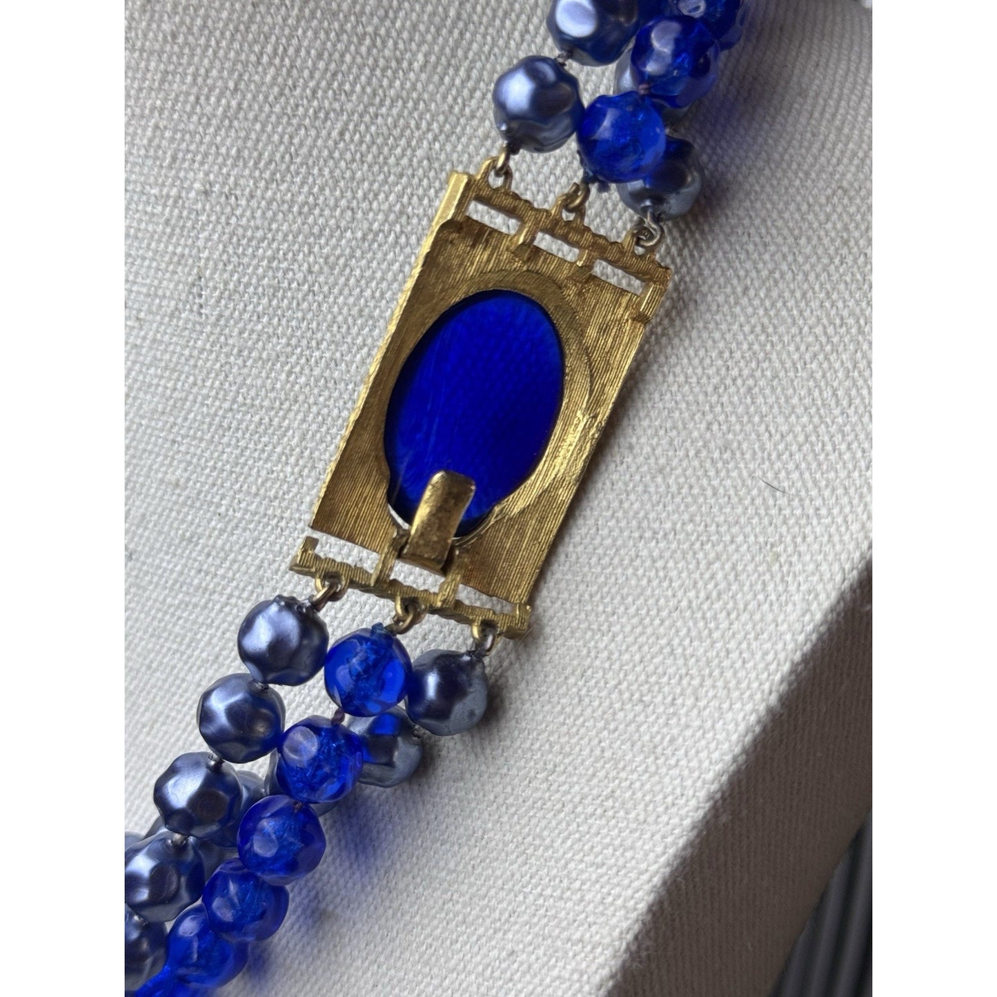 Vintage Blue Lucite Beaded Necklace Goldtone 3 Strand Statement 20”
