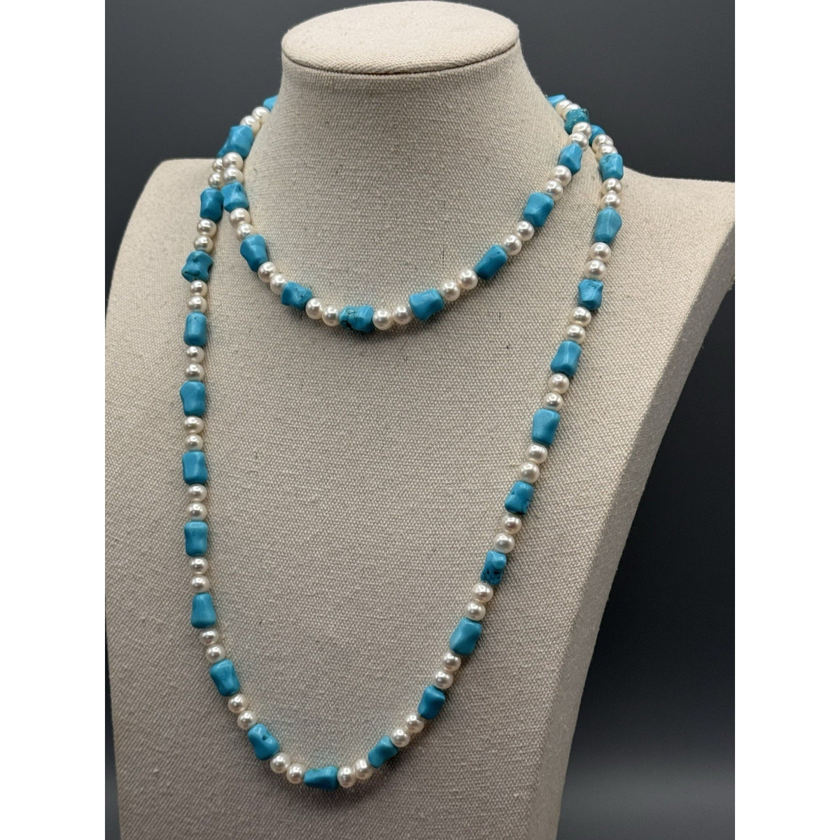 Cultured Pearl Blue/Green Stone Long Necklace 41” ESTATE FIND