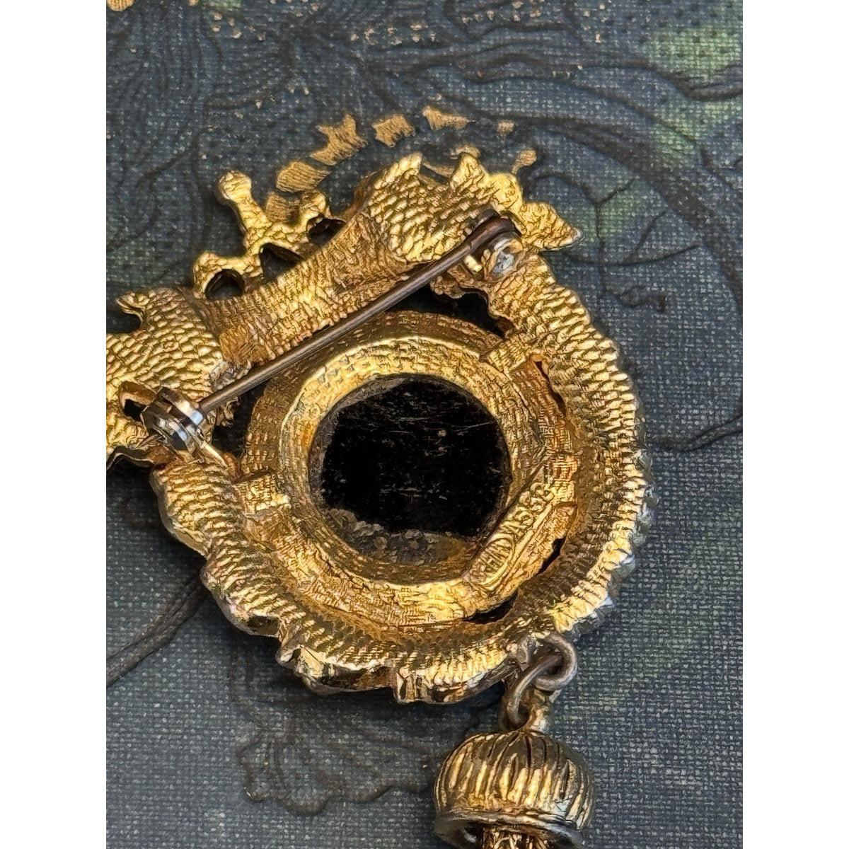 Vintage Brooch Signed SPHINX Black Goldtone Tassel Dangle Statement 3.25”