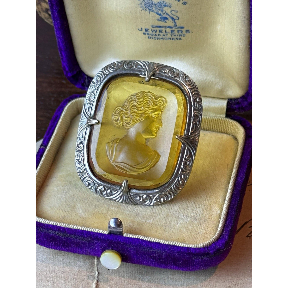 Vintage Cameo Portrait Brooch Pin Silvertone Frame Yellow Cushion Beauty Theme