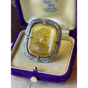 Vintage Cameo Portrait Brooch Pin Silvertone Frame Yellow Cushion Beauty Theme