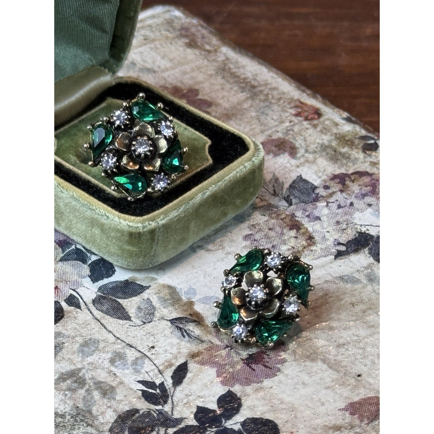 Vintage Rhinestone Clip Earrings Green Flower Floral Statement .75”