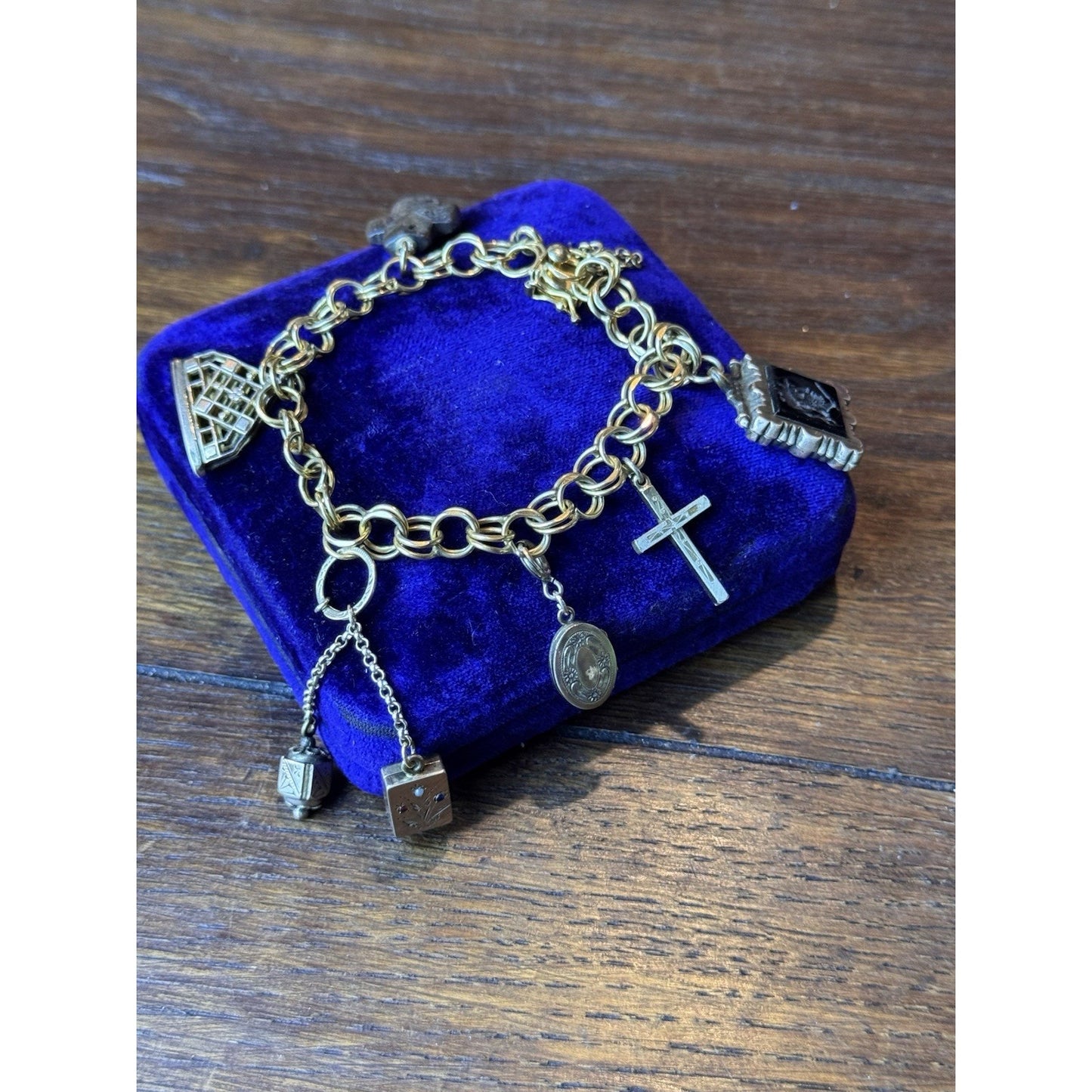 Gold Filled-Charm Bracelet Victorian Edwardian 7 Charms - Fobs 6.75”