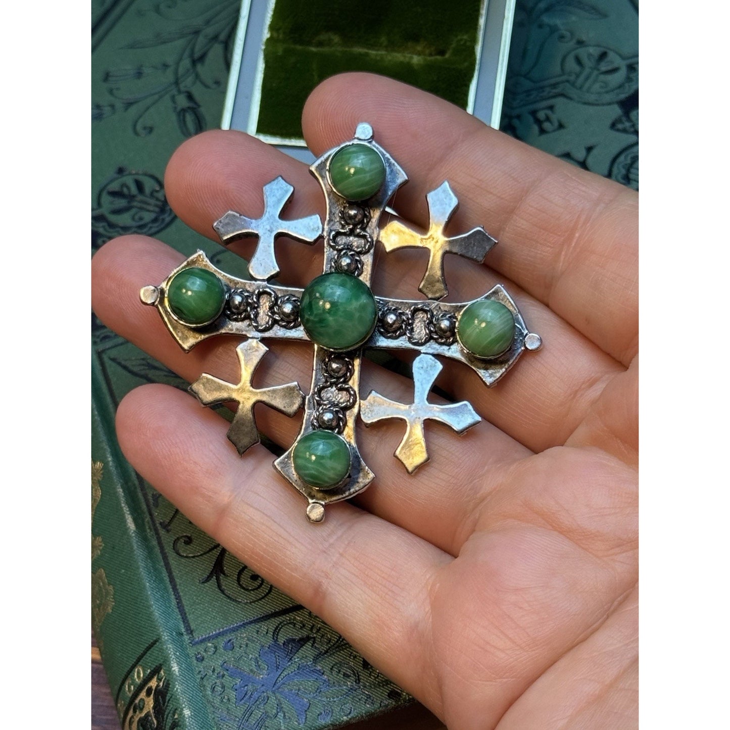 Vintage WEISS Jerusalem Cross Brooch Green Marbled Glass Cabochons Silvertone
