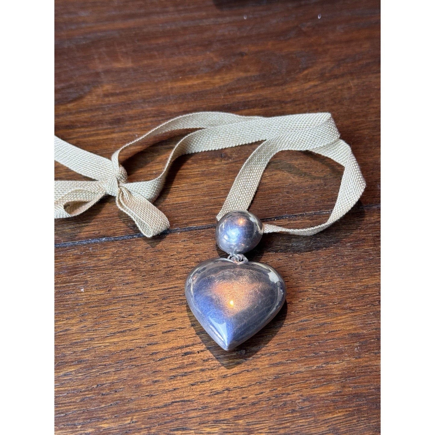 Vintage Sterling Silver 925 Puffy Heart Pendant Necklace 27” Ribbon 2.5”