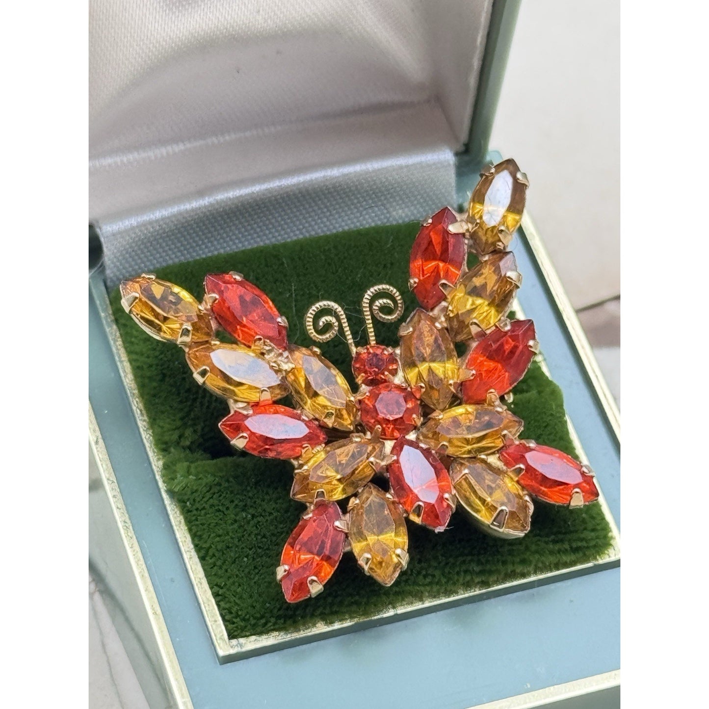 Park Lane Butterfly Brooch Rhinestone Burnt Orange Gold Signed 1.5” VINTAGE