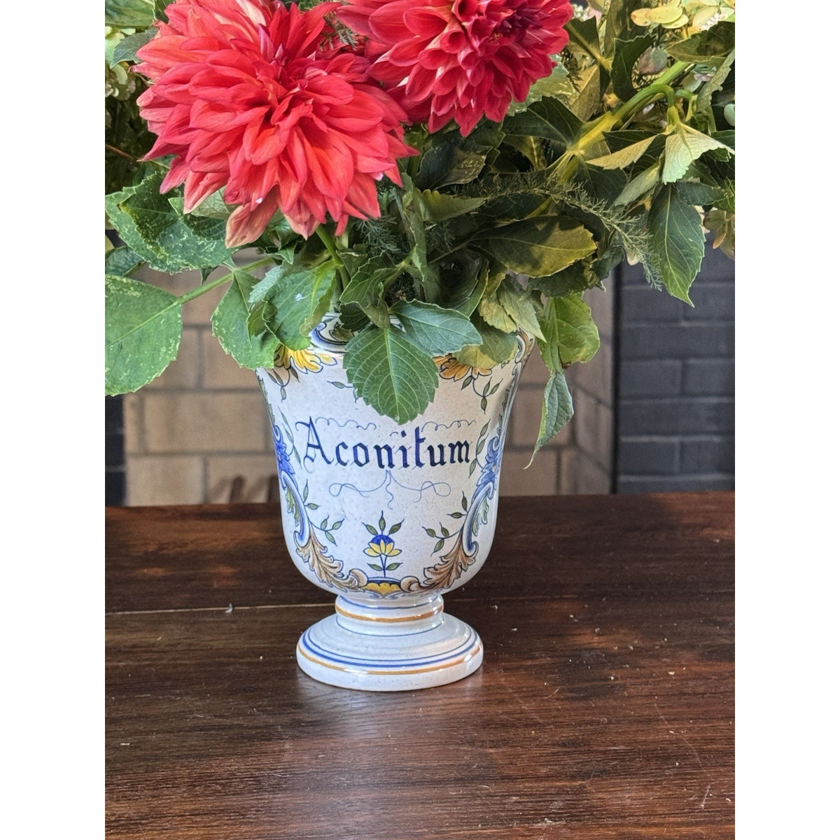 Apothecary Jar Italian Pottery Aconitum Hand Painted Faience Vase 7” Vintage