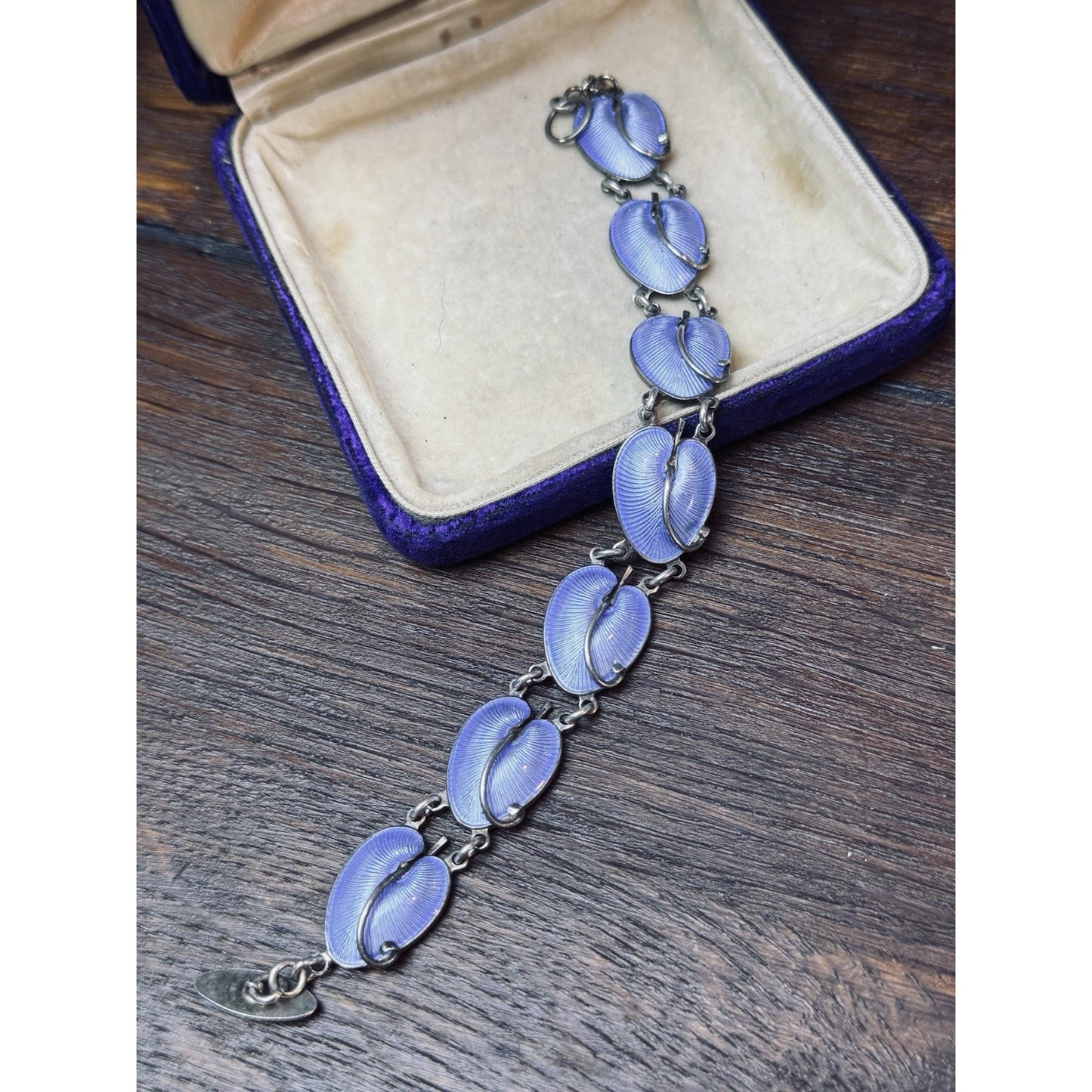 Volmer Bahner Sterling Silver Lavender Blue Guilloché Lily Pad Bracelet 7”