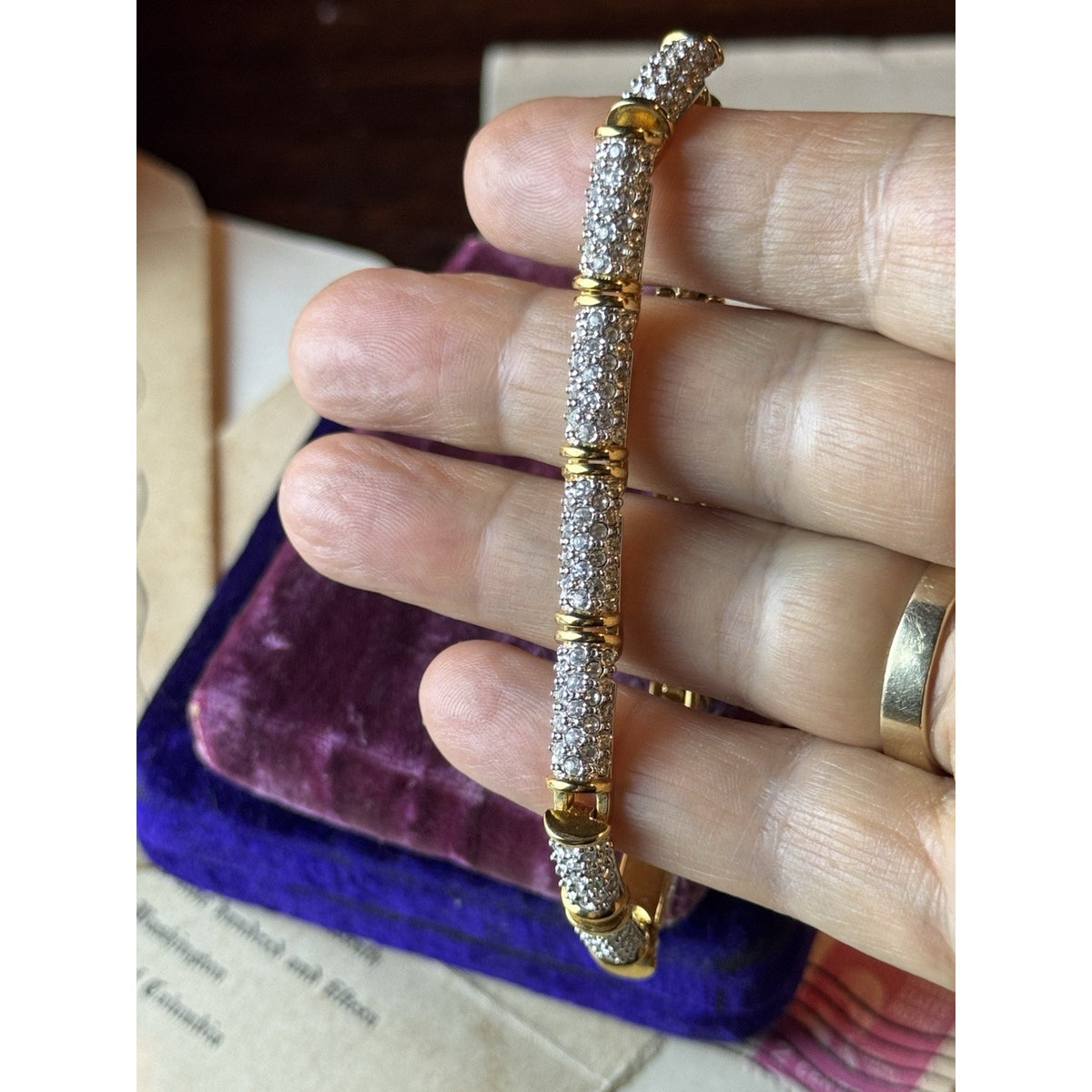 Swarovski Crystal Bracelet Goldtone Pavé Tennis Link Signed 7” 8” w. Extension