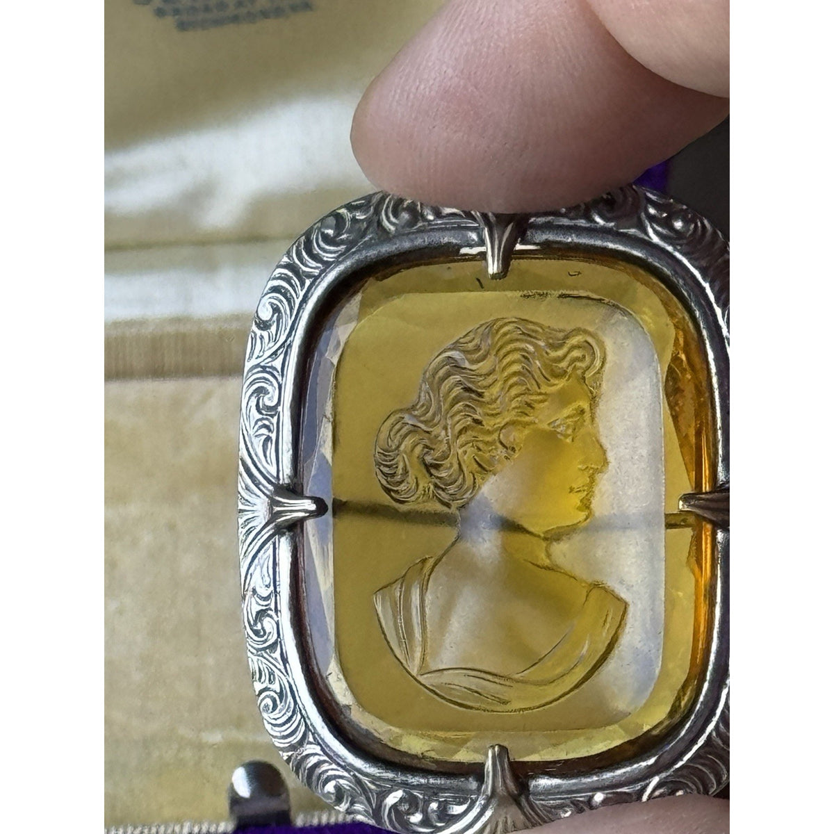 Vintage Cameo Portrait Brooch Pin Silvertone Frame Yellow Cushion Beauty Theme