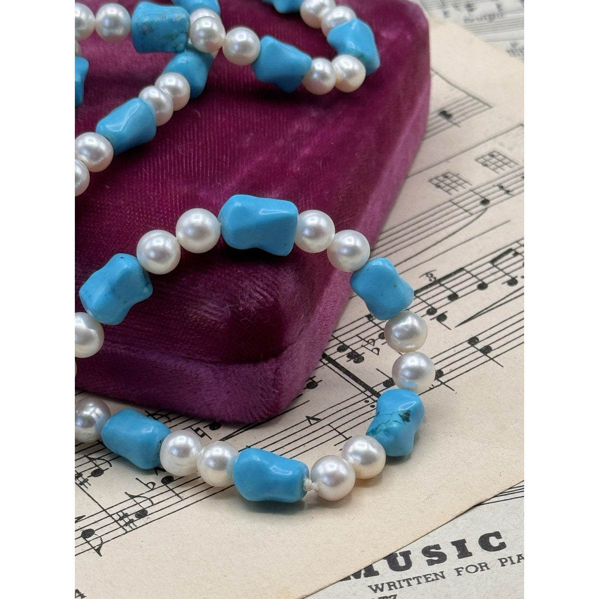 Cultured Pearl Blue/Green Stone Long Necklace 41” ESTATE FIND