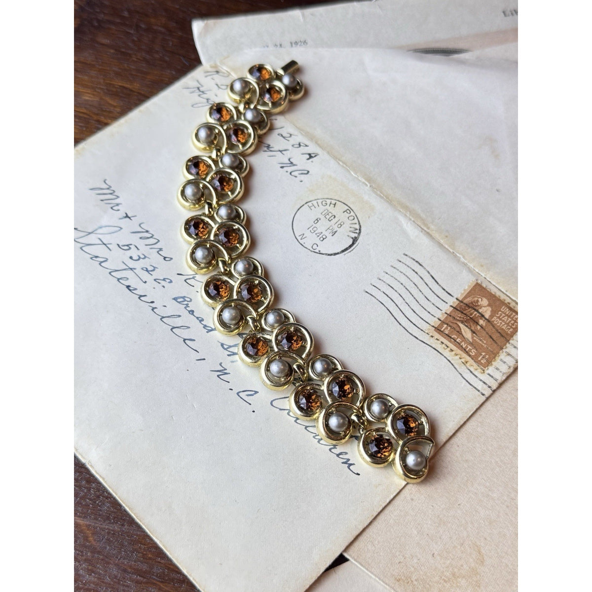 Trifari Bracelet Faux Pearl Brown Rhinestone Goldtone Signed 6.5” Vintage