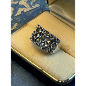 Sterling Silver Marcasite Ring Lattice Wide Band Signed 925 Thai Size 9.75 0.5”