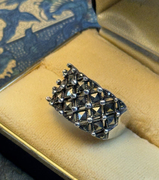 Sterling Silver Marcasite Ring Lattice Wide Band Signed 925 Thai Size 9.75 0.5”