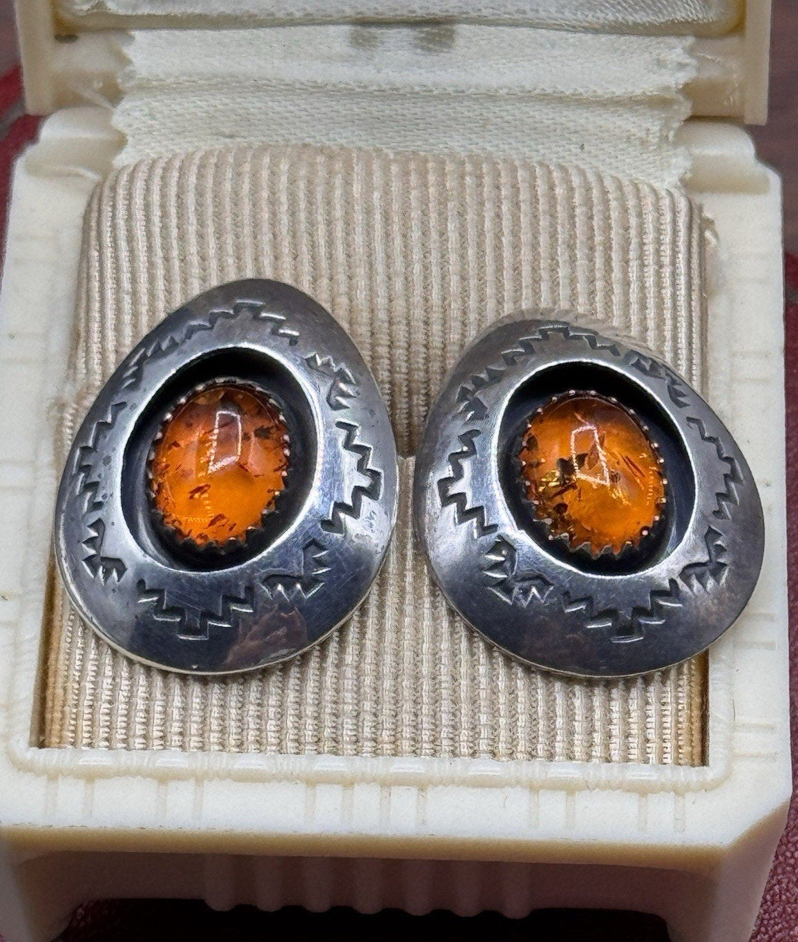 Vintage Navajo AG Sterling Silver Amber Post Earrings Southwestern 1” x .75”