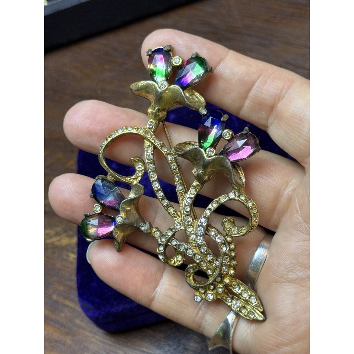Vintage Brooch Pot Metal Floral Iris Watermelon Rhinestone Clear Paste Pin 3.75”