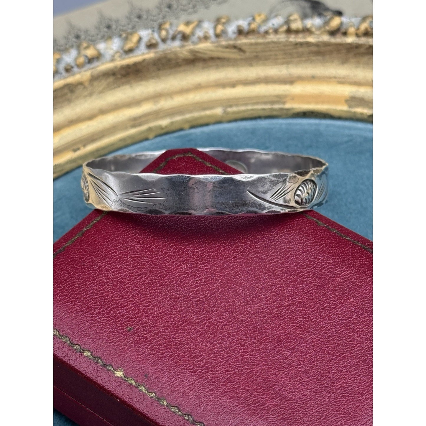 NYE Sterling Bangle Bracelet Pinecone Engraved 7.75” VINTAGE