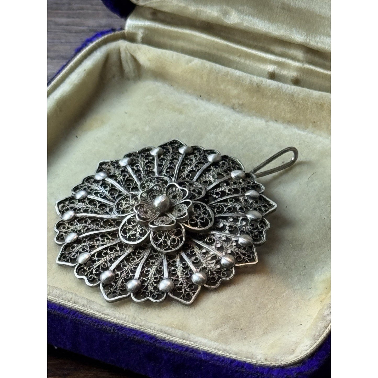 Vintage Silver Filigree Flower Pendant Tested Silver 1.75” Statement Jewelry