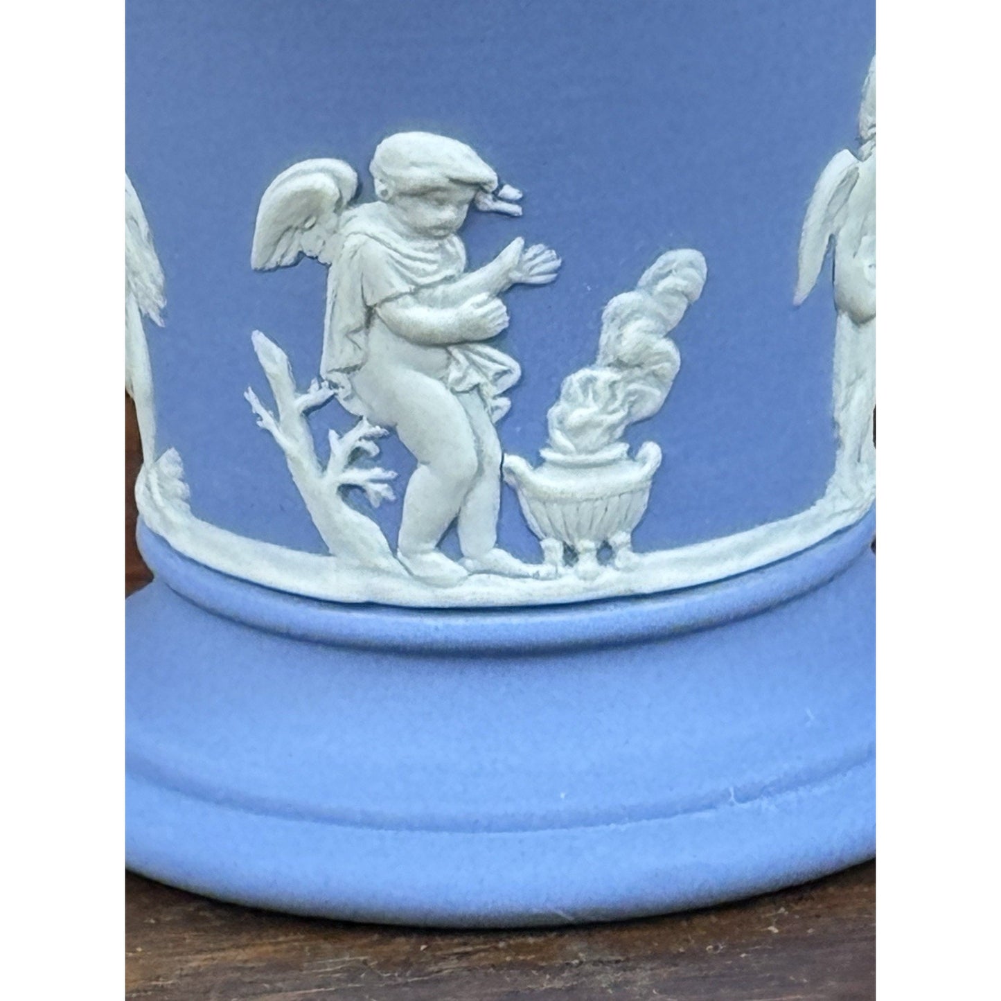 Vintage Wedgwood Blue Jasperware Small Vase Cherubs Putti Classical 3.5”