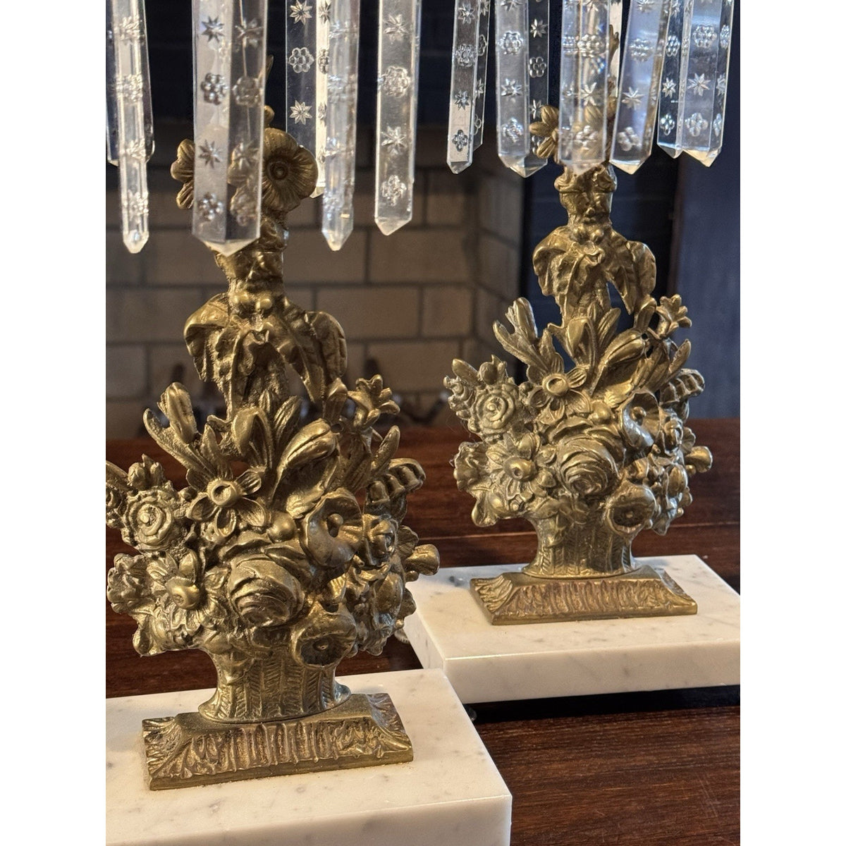 Girandole Candelabra Set Goldtone Floral Marble Crystal Prisms 3 Piece 18” 15.5”