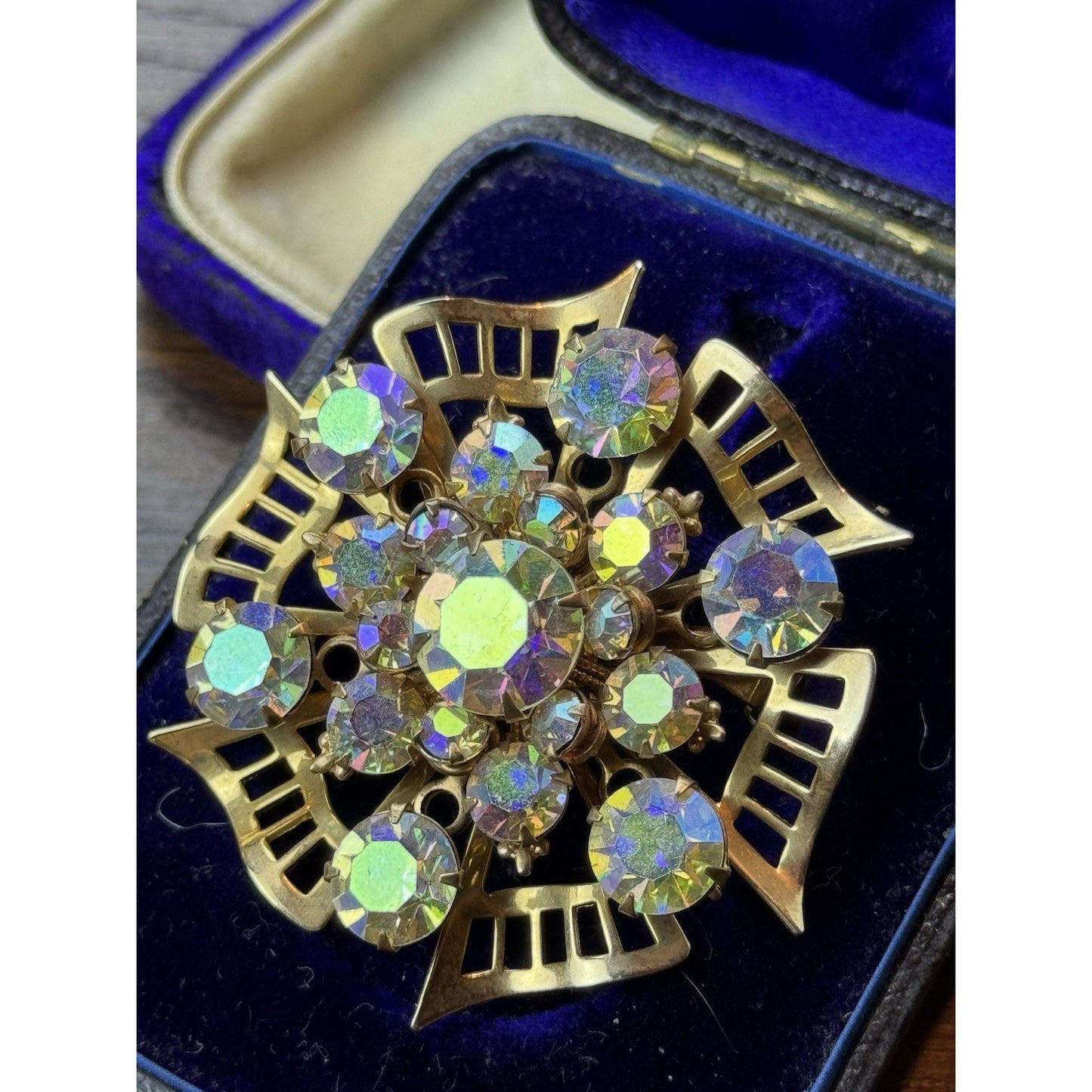Vintage AB Rhinestone Brooch Goldtone Atomic Starburst 2”