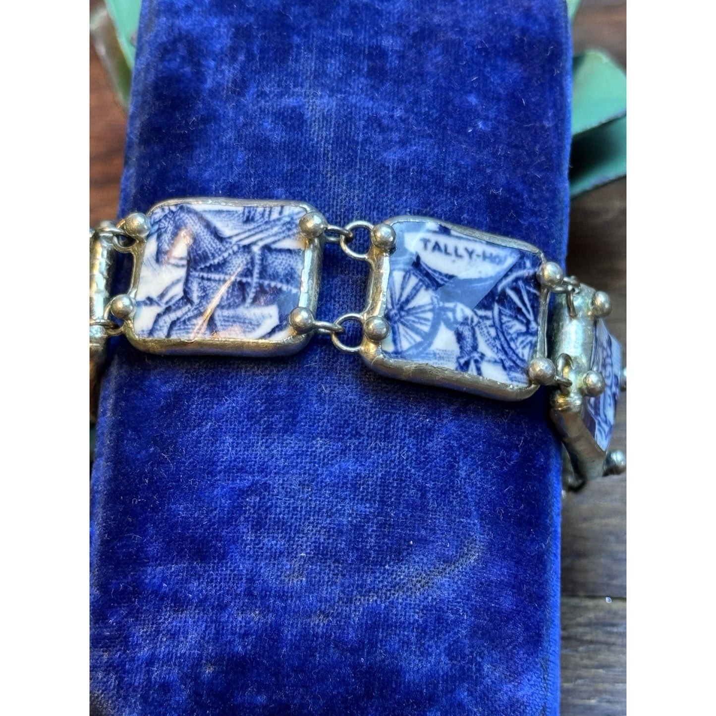 Handmade Porcelain Bracelet Blue White Tally Ho Horse Scene 6.5” Vintage 1990s