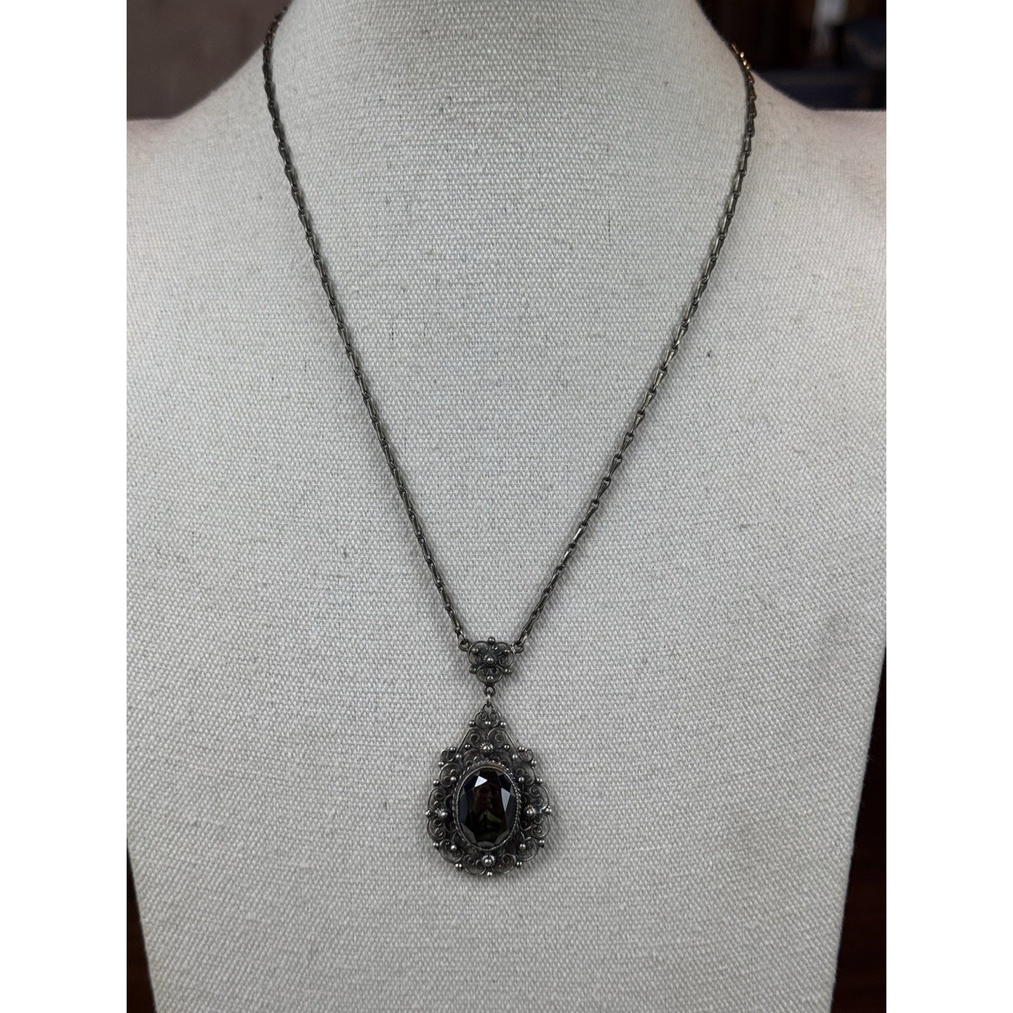 VTG Danecraft Sterling Silver Hematite Ornate Filigree Necklace w/ Original Tag