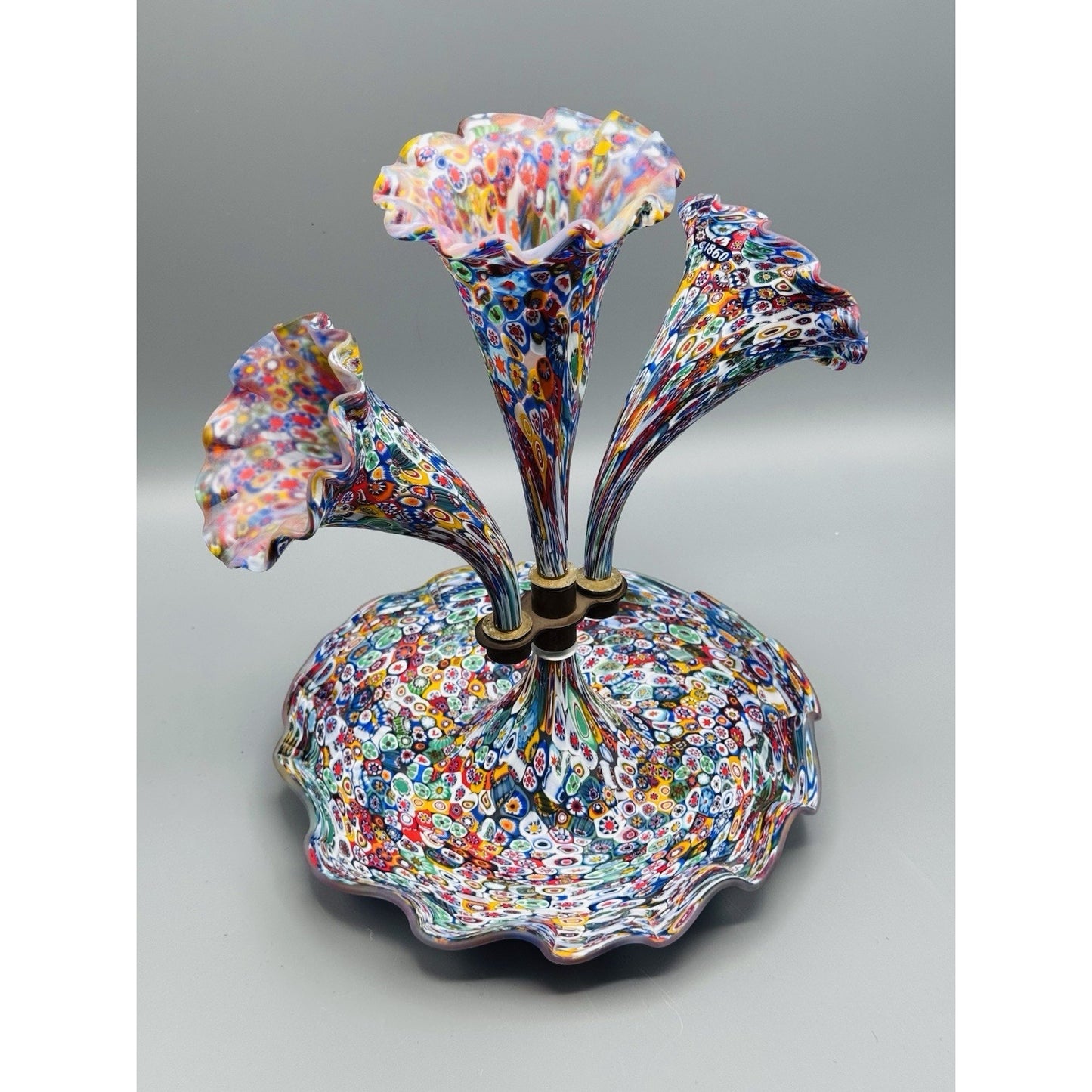 Murano Millefiori Epergne Art Glass 3 Horn Centerpiece Vase 1860 Cane 11.5”