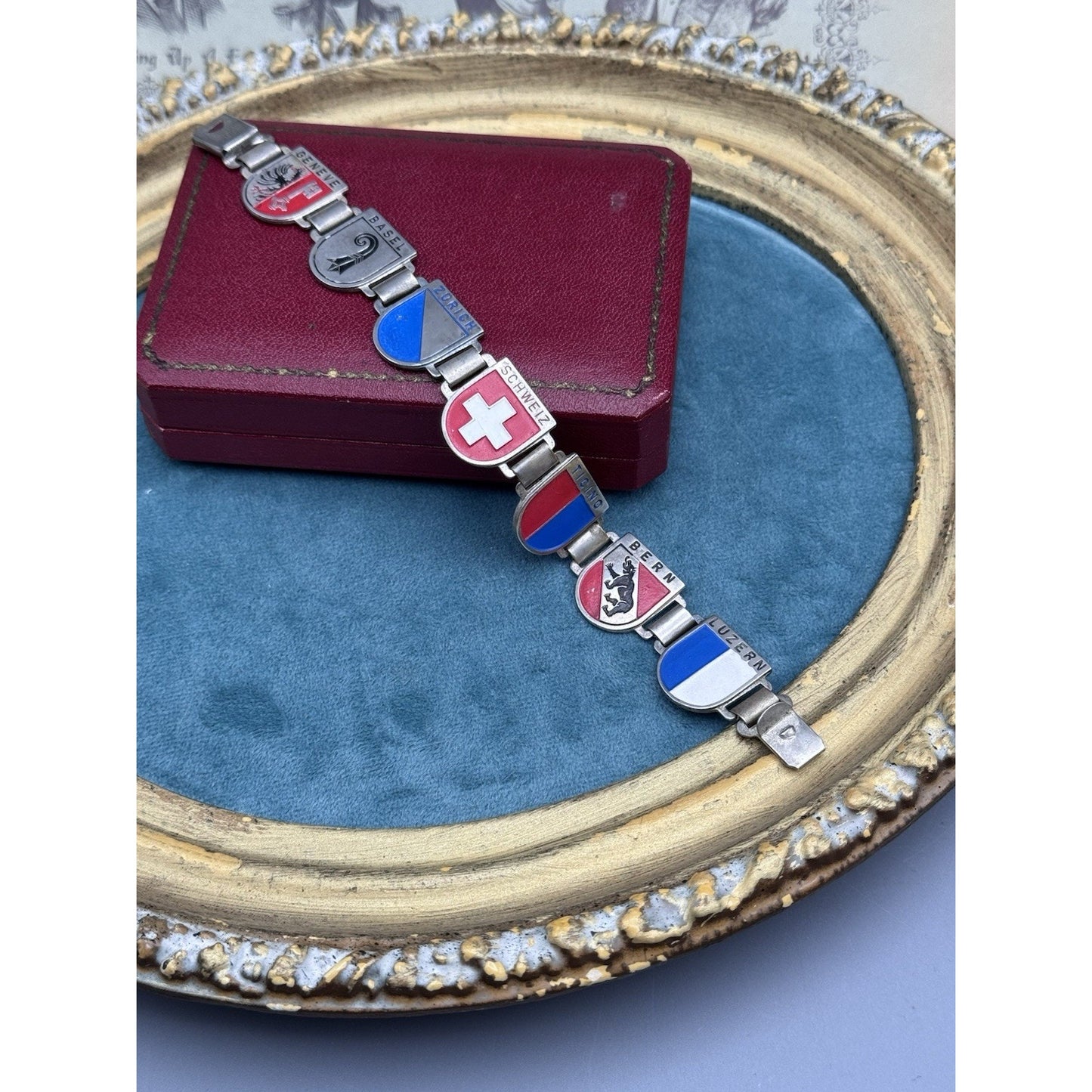Vintage Swiss Souvenir Bracelet Enamel Cantons 6.75”