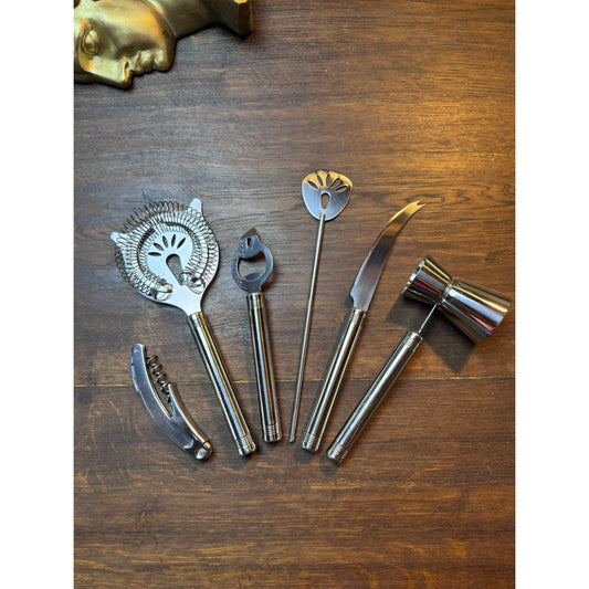 6 Pc Barware Set Cocktail Mixer Tools Jigger Strainer Corkscrew Opener