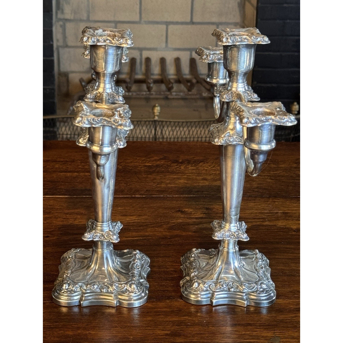 Silverplate Candelabra Pair Antique Repoussé 3-Light Ornate 12”h DENTS