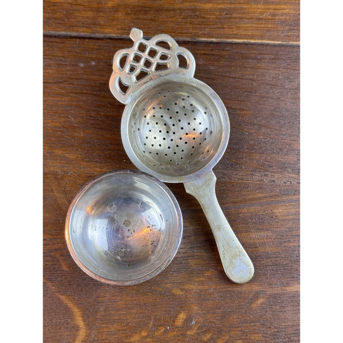 Vintage Silverplate Tea Strainer With Stand 9” Pierced Crown Handle Shabby Chic