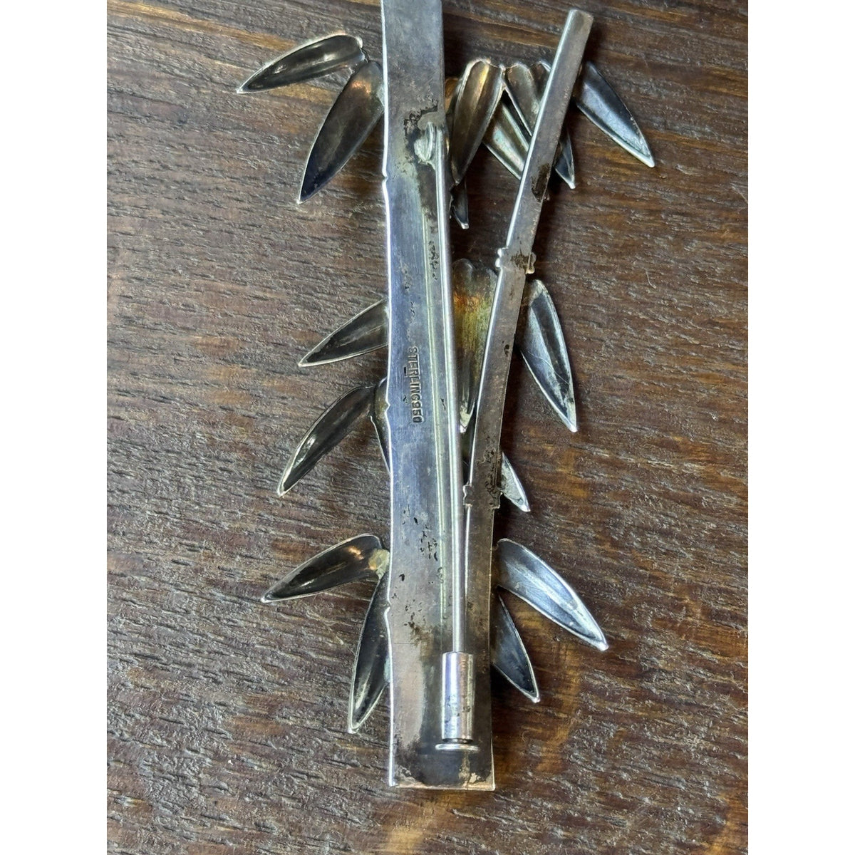 Vintage Sterling Silver Bamboo Brooch 3” Figural Nature Trombone Clasp