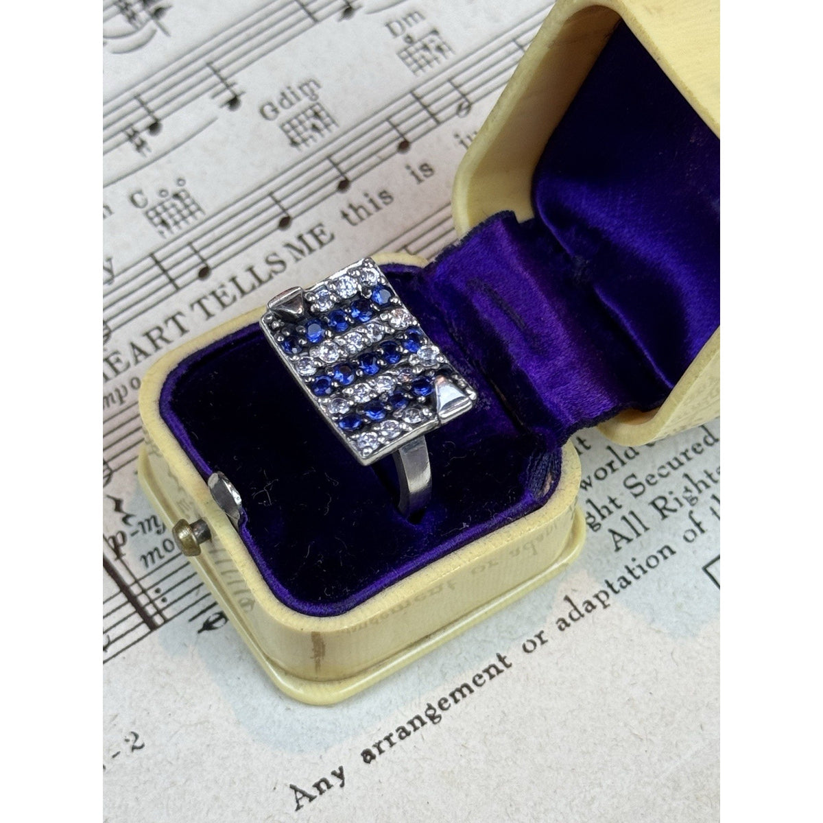 Sterling Silver Blue Clear Rhinestone Statement Ring Vintage 925 Size 7
