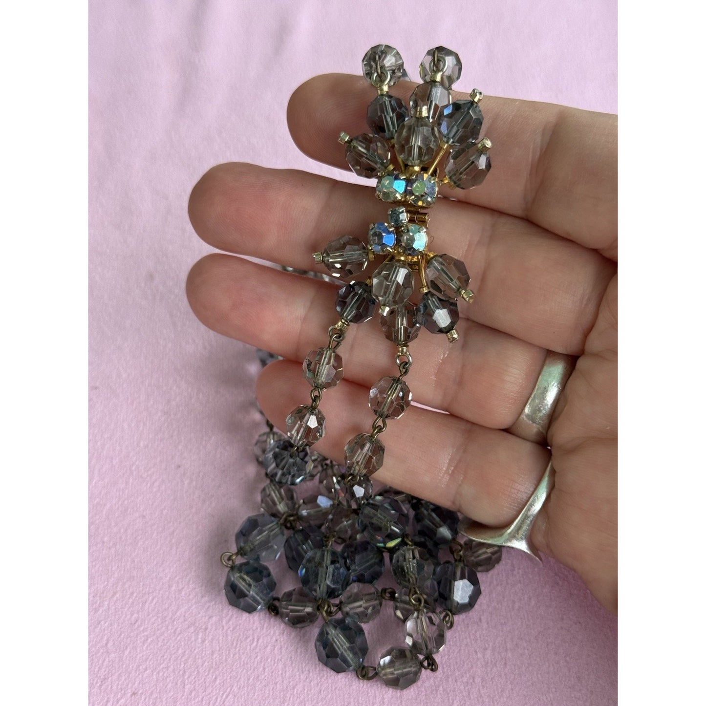 Vintage Austrian Crystal Bead Necklace Signed Gray Blue Faceted Beads 16”