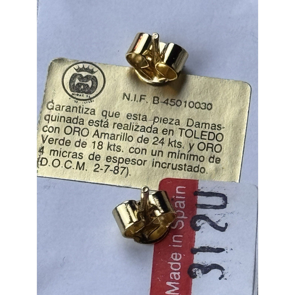 Toledo Damascene Bird Earrings 24K 18K Gold Inlay Spain .75”
