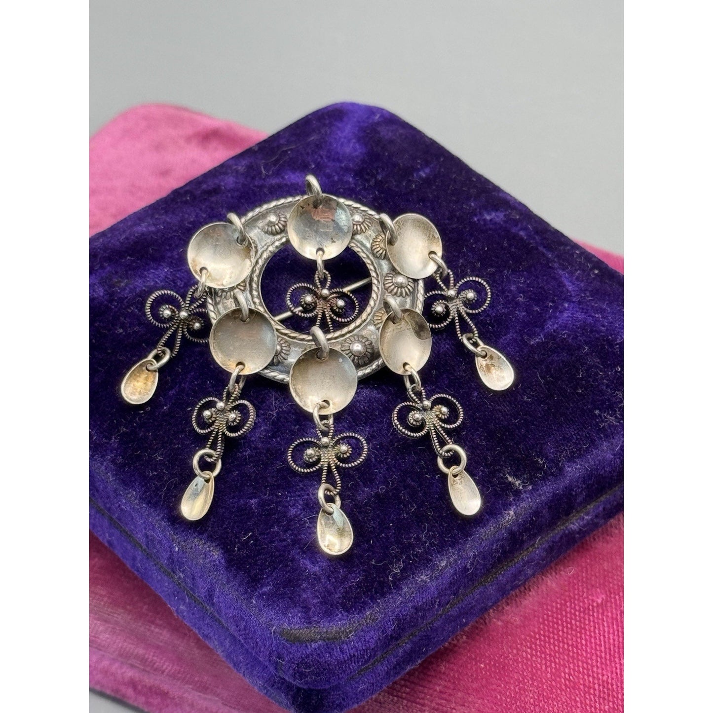Vintage Solje Brooch 835 Silver Norwegian Scandinavian Dangler 2.5” x 1.25”