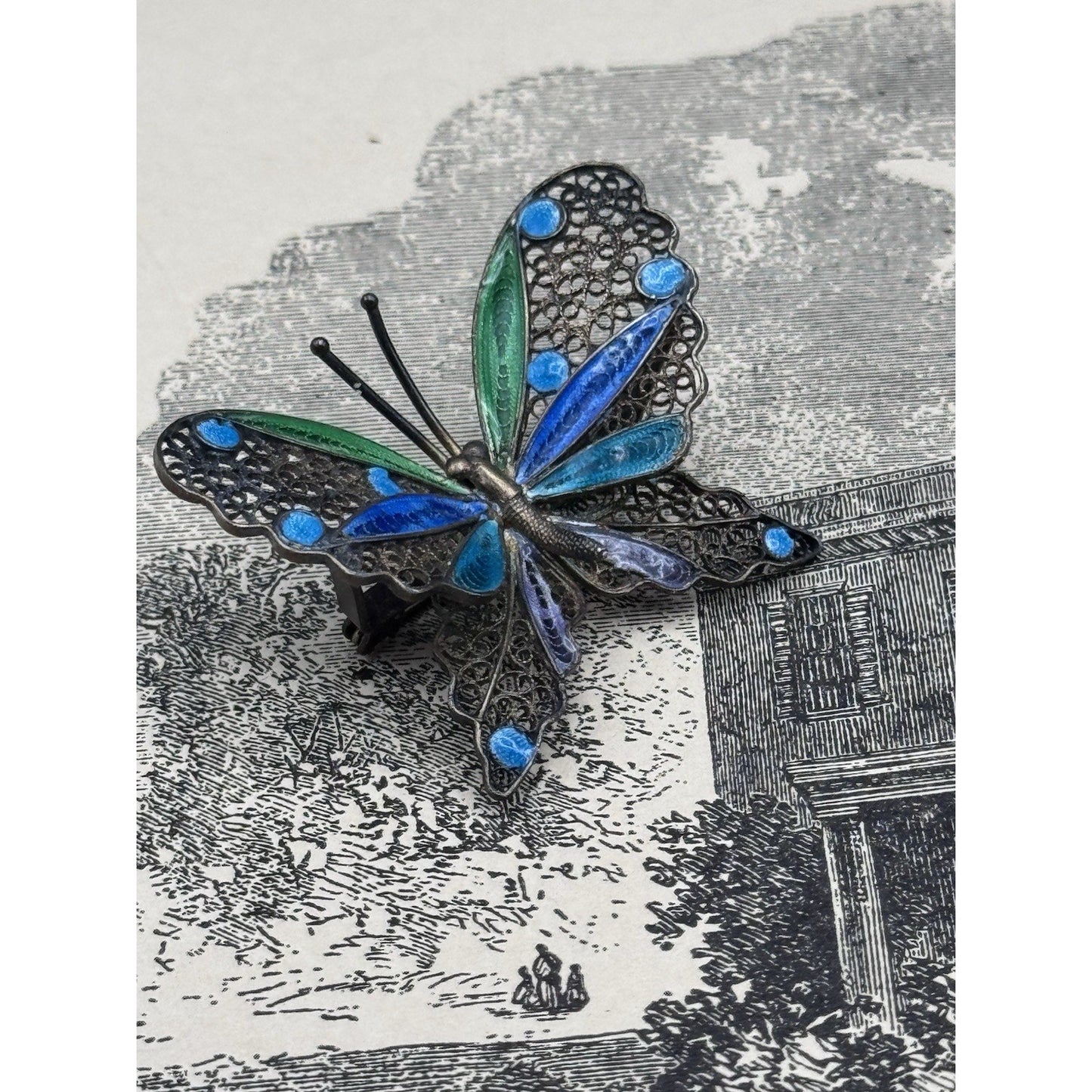 800 Silver Butterfly Brooch Filigree Enamel Blue Green 1.75” Estate VINTAGE