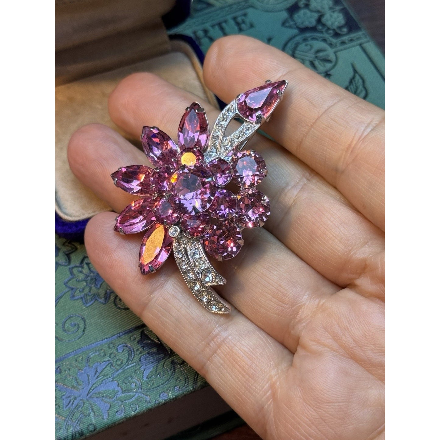 Eisenberg Ice Pink Rhinestone Floral Brooch Silver Tone Vintage Signed 2.5”
