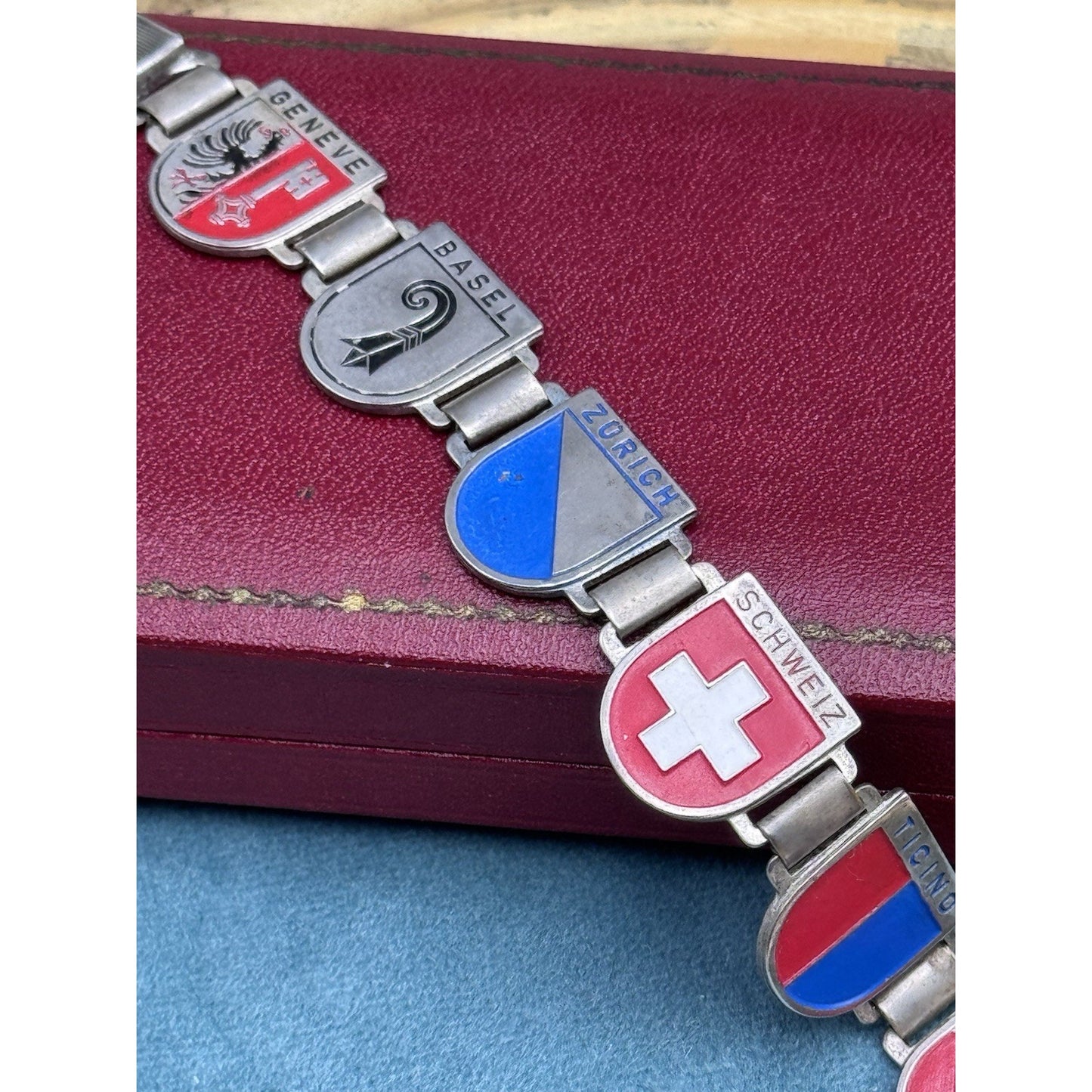 Vintage Swiss Souvenir Bracelet Enamel Cantons 6.75”