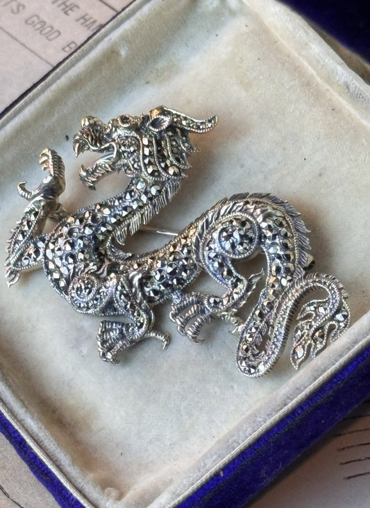 Sterling Brooch Dragon Marcasite Red Eye Vintage Figural Jewelry Pin 2.75”