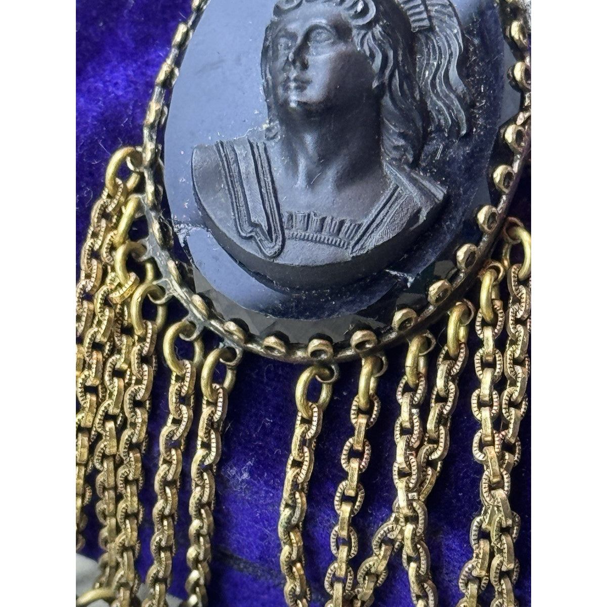 Black Cameo Brooch B Blumenthal & Co Goldtone Dangle Fringe 3.75” DAMAGED!